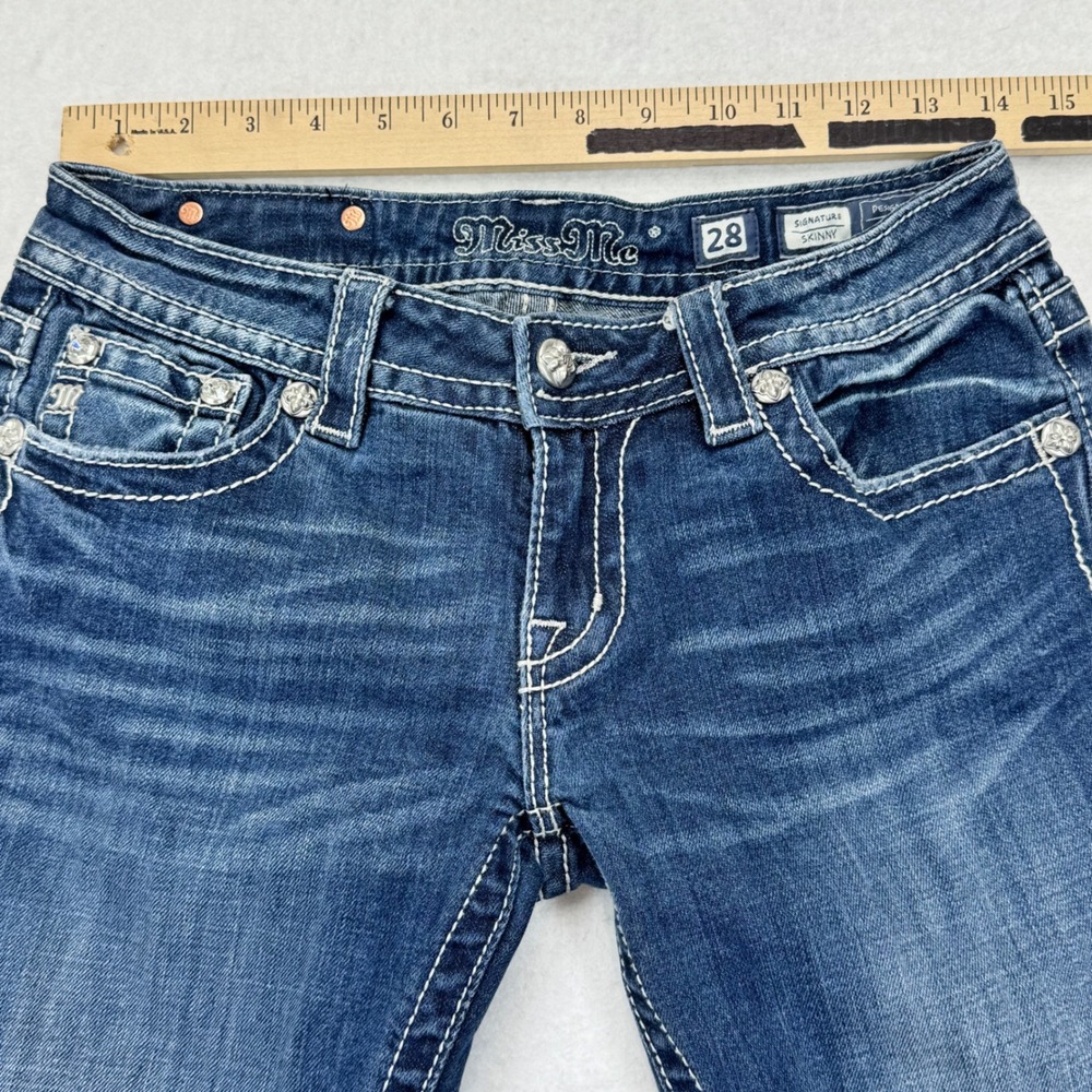 Miss Me Signature Skinny Jeans Dark Wash Embellished Flap Pocket JP6319S Size 28 - Picture 6 of 8